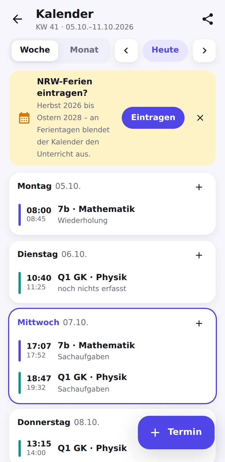 Wochenkalender mit Unterrichtsstunden